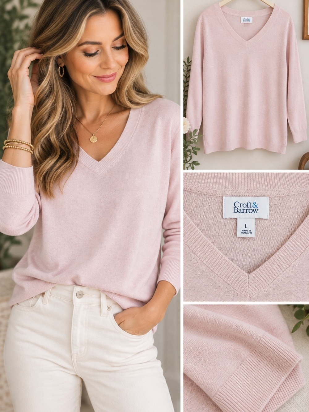 Croft & Barrow Blush Pink V-Neck Sweater Lightweight Knit Long Sleeve L Feminine